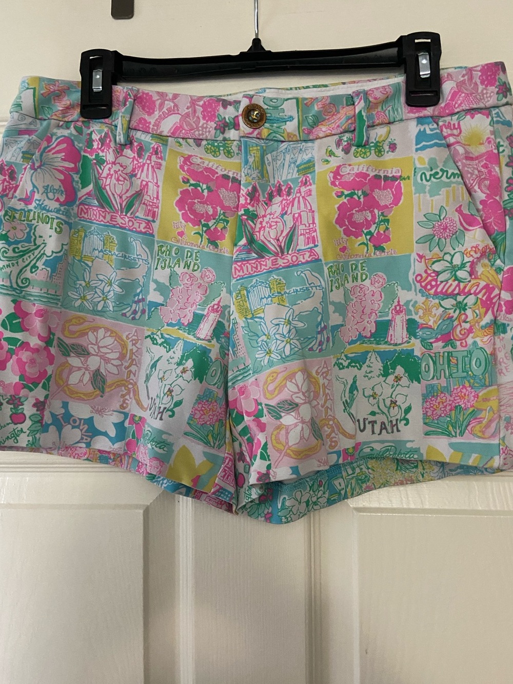 Lilly Pulitzer High-Waist Patchwork State Print Shorts - Pink, Teal & Yellow